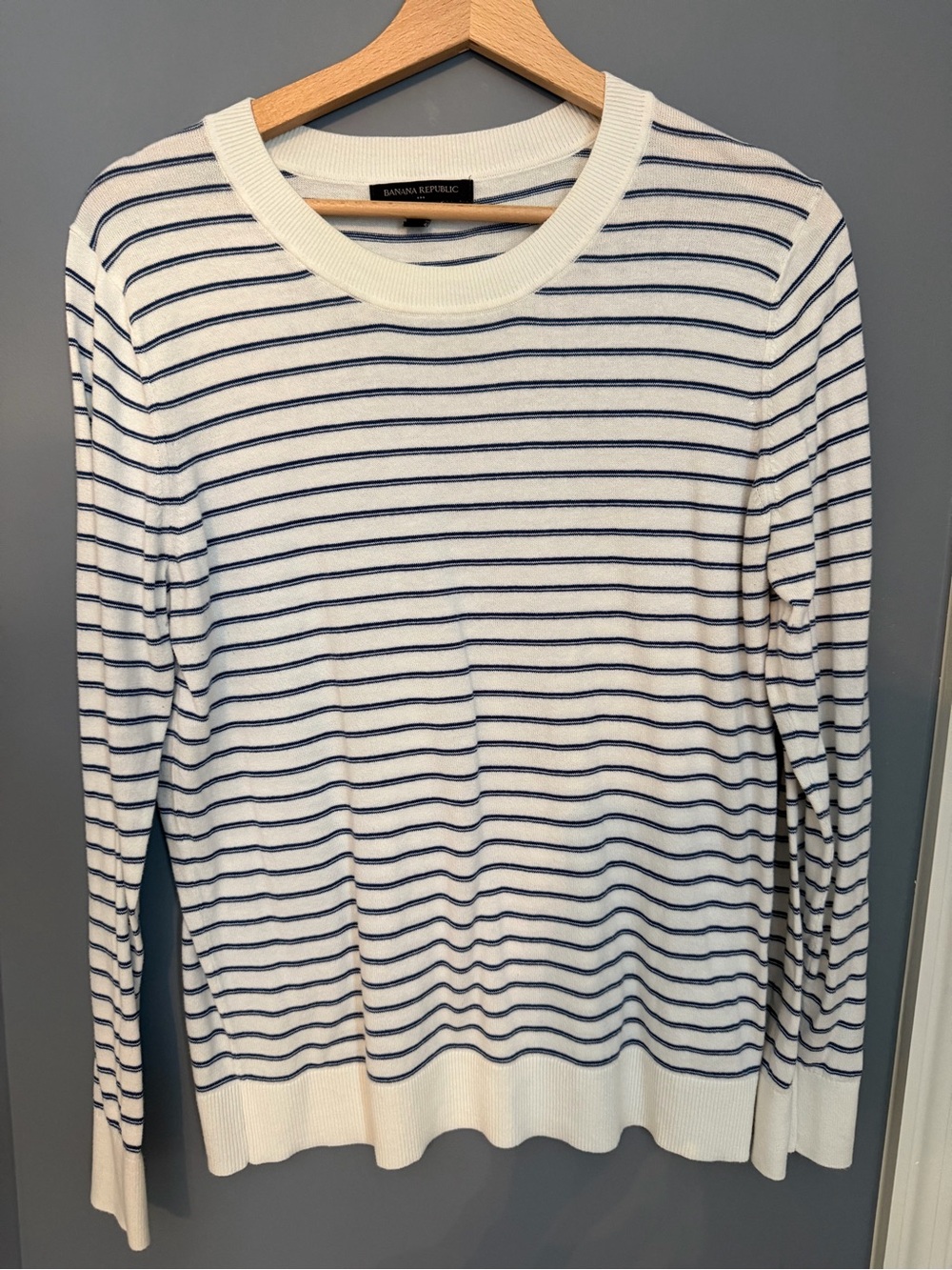 Banana Republic White Crewneck Sweater with Navy Stripes